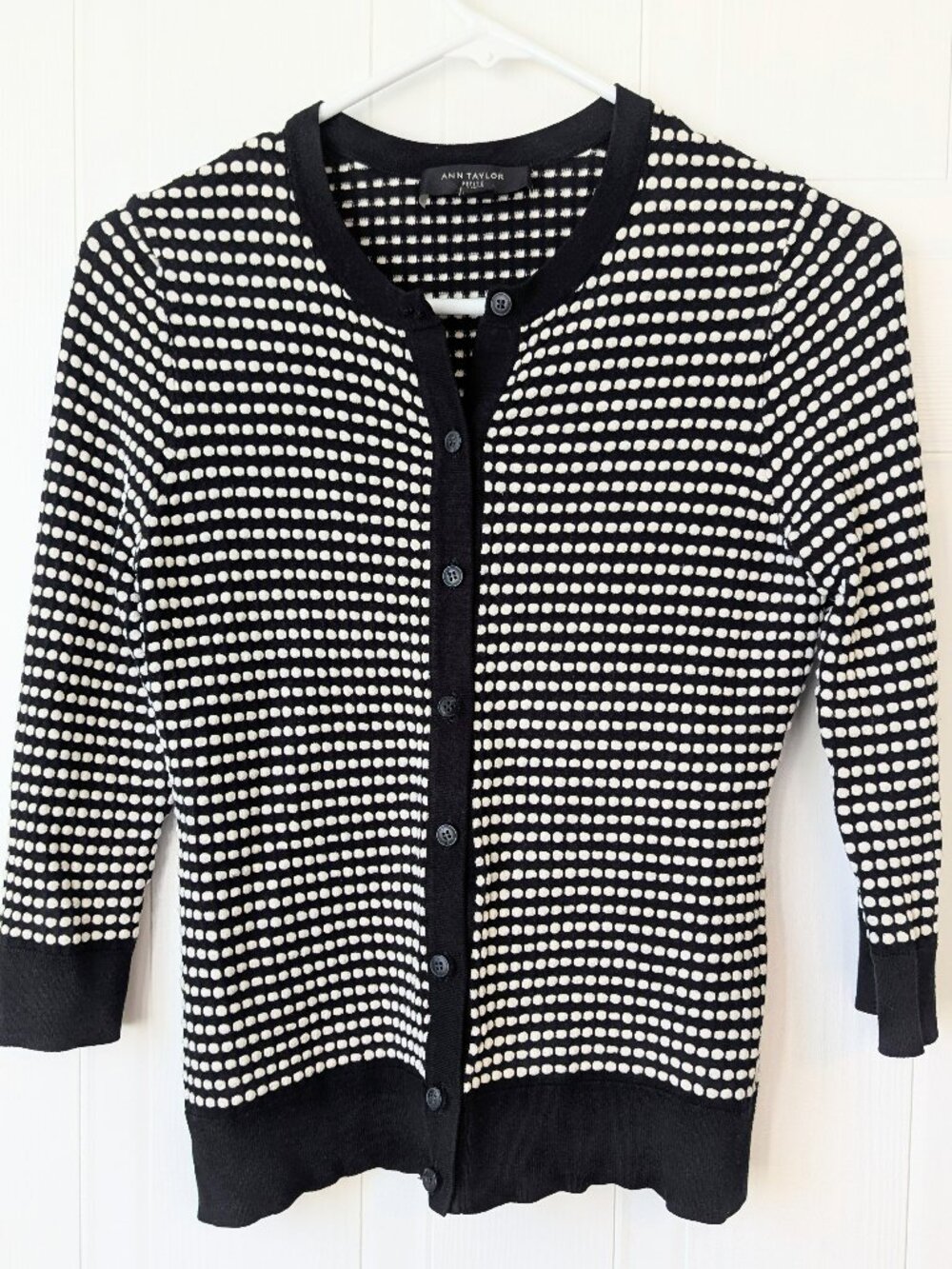 Ann Taylor Cardigan Small Petite Black and White Dot Crew Neck
